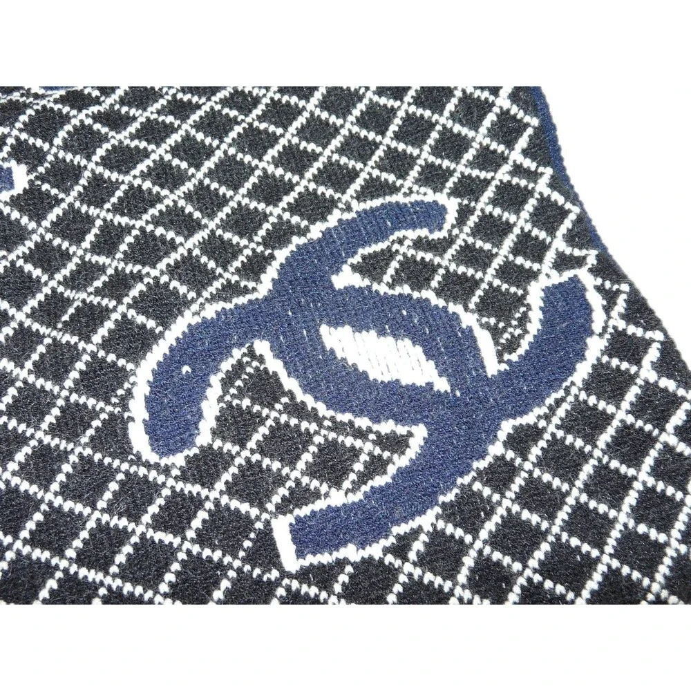 Chanel Cashmere & Silk Logo Allover Scarf Shawl Stole Blue Black White 60